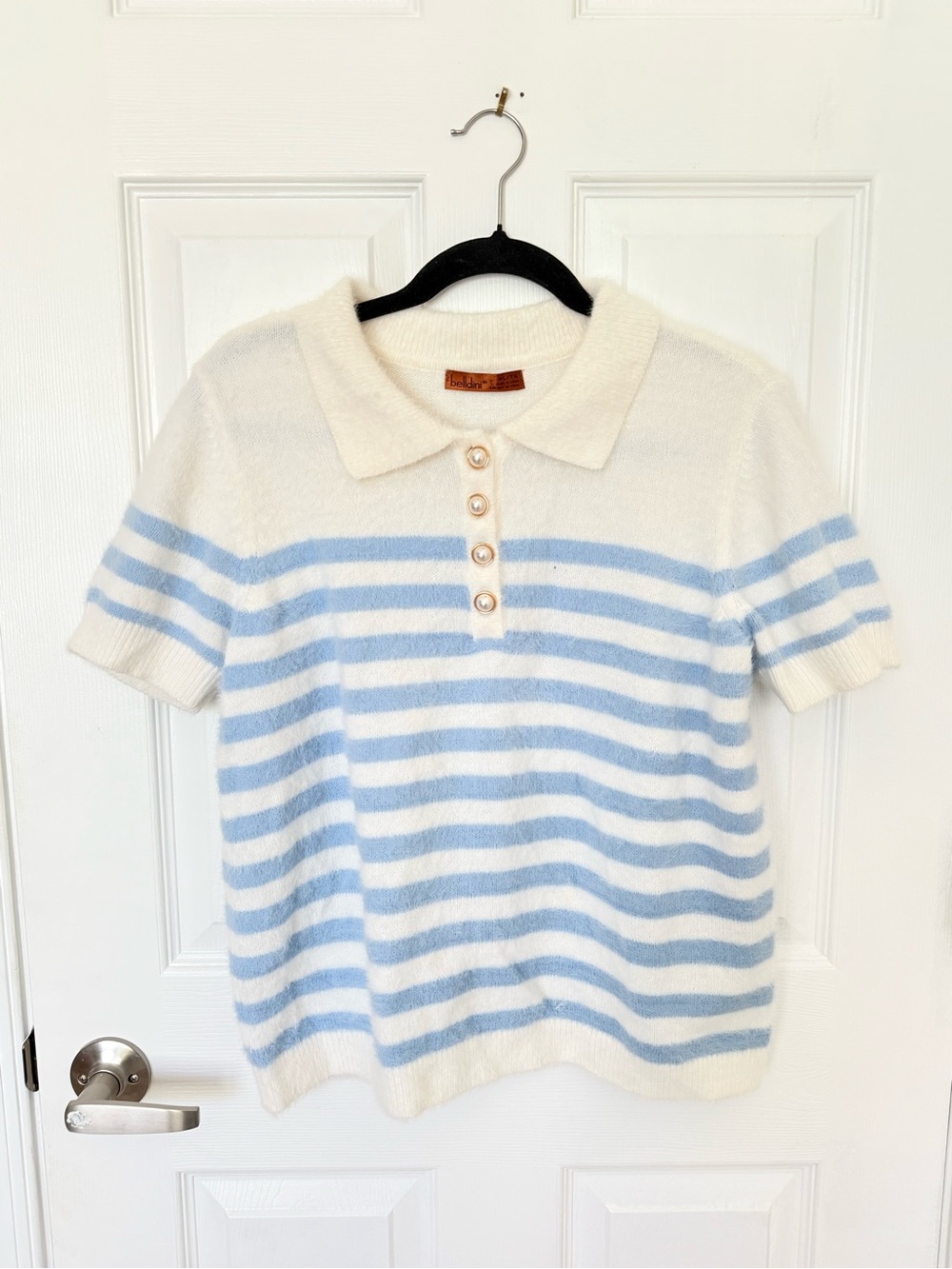 Belldini Cream and Light Blue Striped Short-Sleeve Polo Sweater